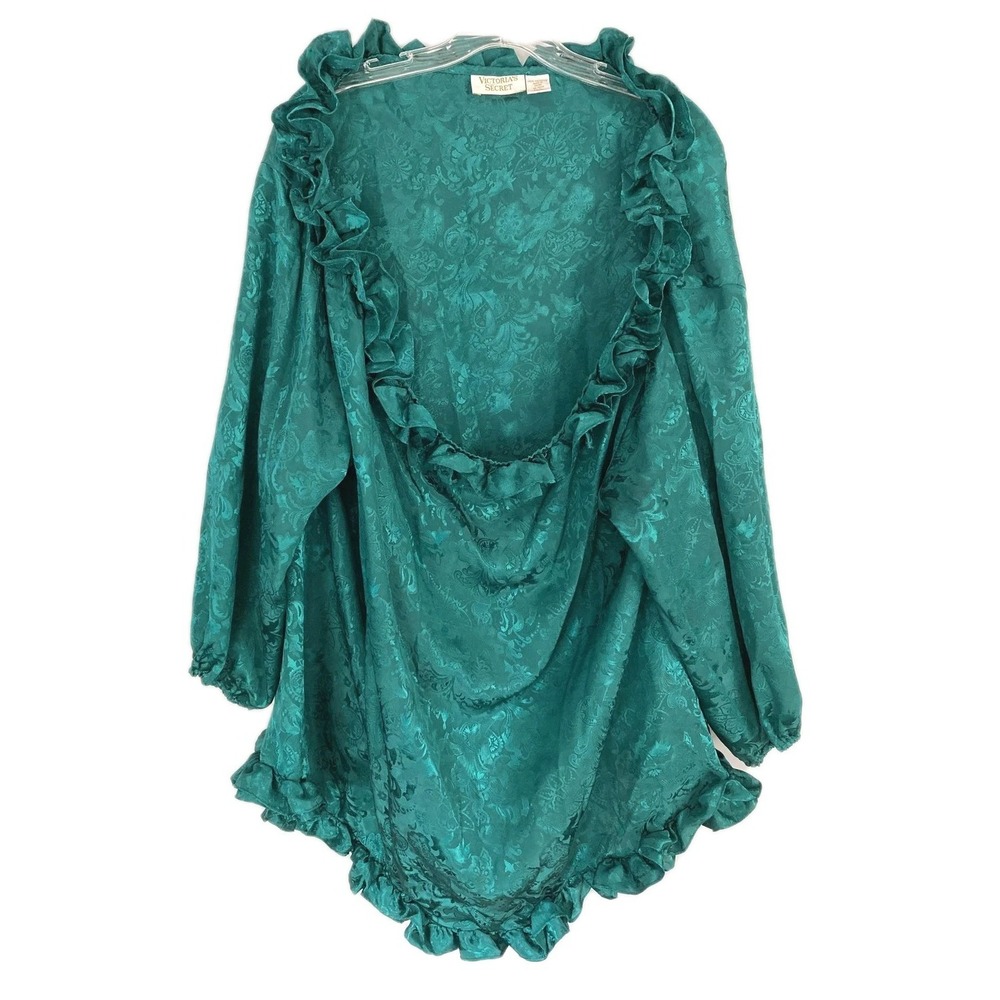 Vtg Victoria's Secret Gold Label Negligee Women M/L Teal Floral Ruffle Coquette
